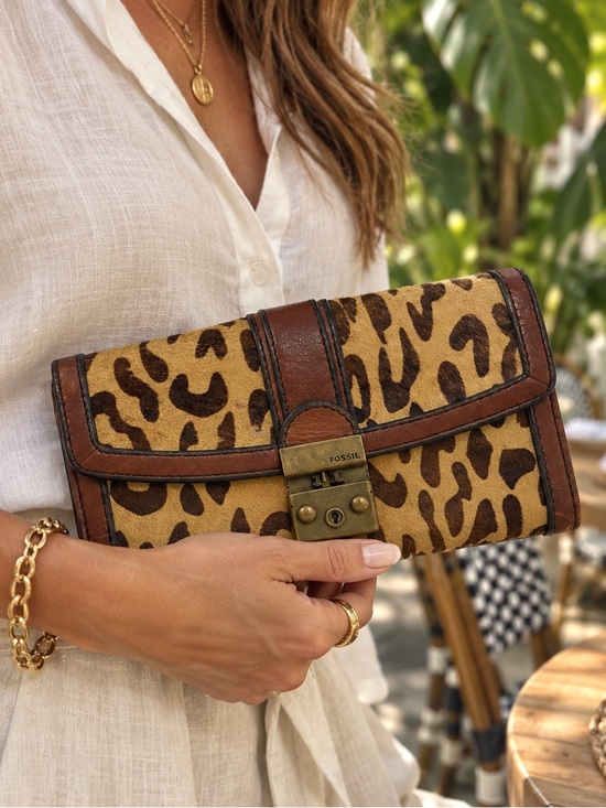 Fossil Handbags - Fossil Leopard Print Clutch vintage reissue wallet trifold leather